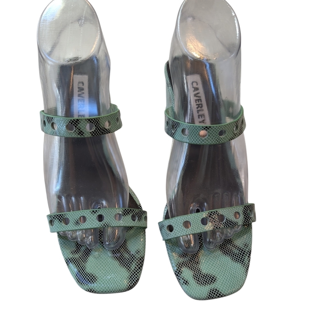 Caverley Slip-On Mule Sandal Green Leather Slide Double Straps Block Heel 37 7 - Picture 3 of 6